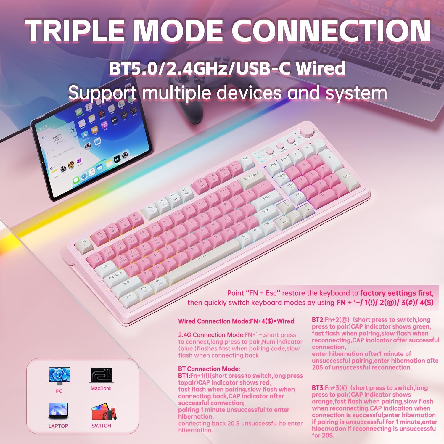 TECLADO GAMER AULA S99 INALÁMBRICO 99 TECLAS ROSA CREMA CON PAD NUMÉRICO - 3