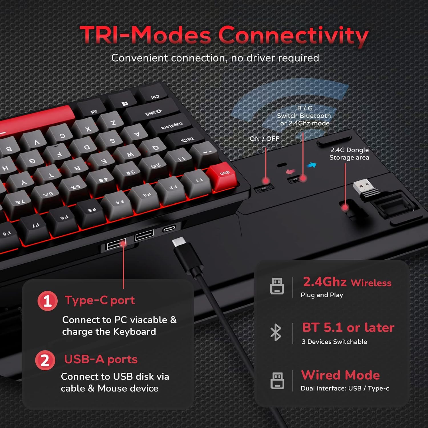 TECLADO MECÁNICO RK ROYAL KLUDGE RK98 INALÁMBRICO 100 TECLAS HOT SWAPPABLE - 3