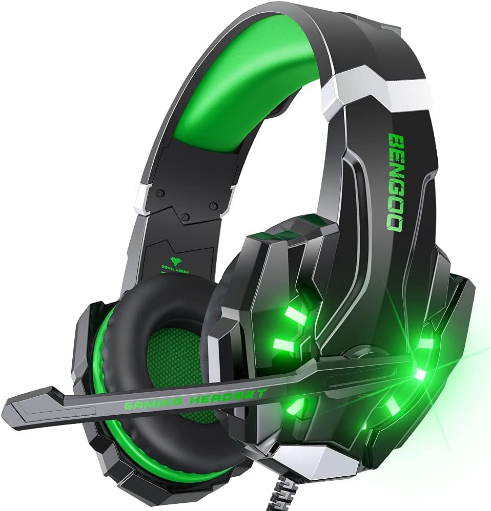 HEADSET GAMING BENGOO G9000 STEREO CON MICRÓFONO FLEXIBLE VERDE - 1