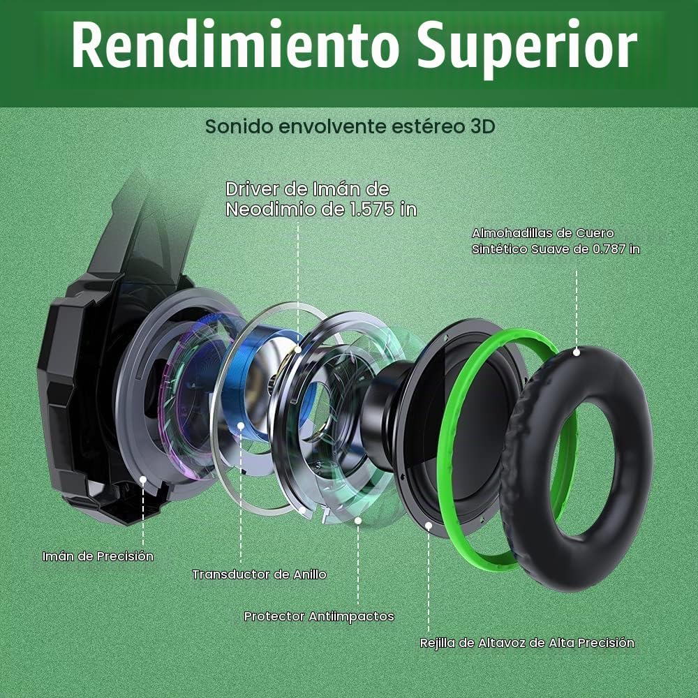 HEADSET GAMING BENGOO G9000 STEREO CON MICRÓFONO FLEXIBLE VERDE - 2
