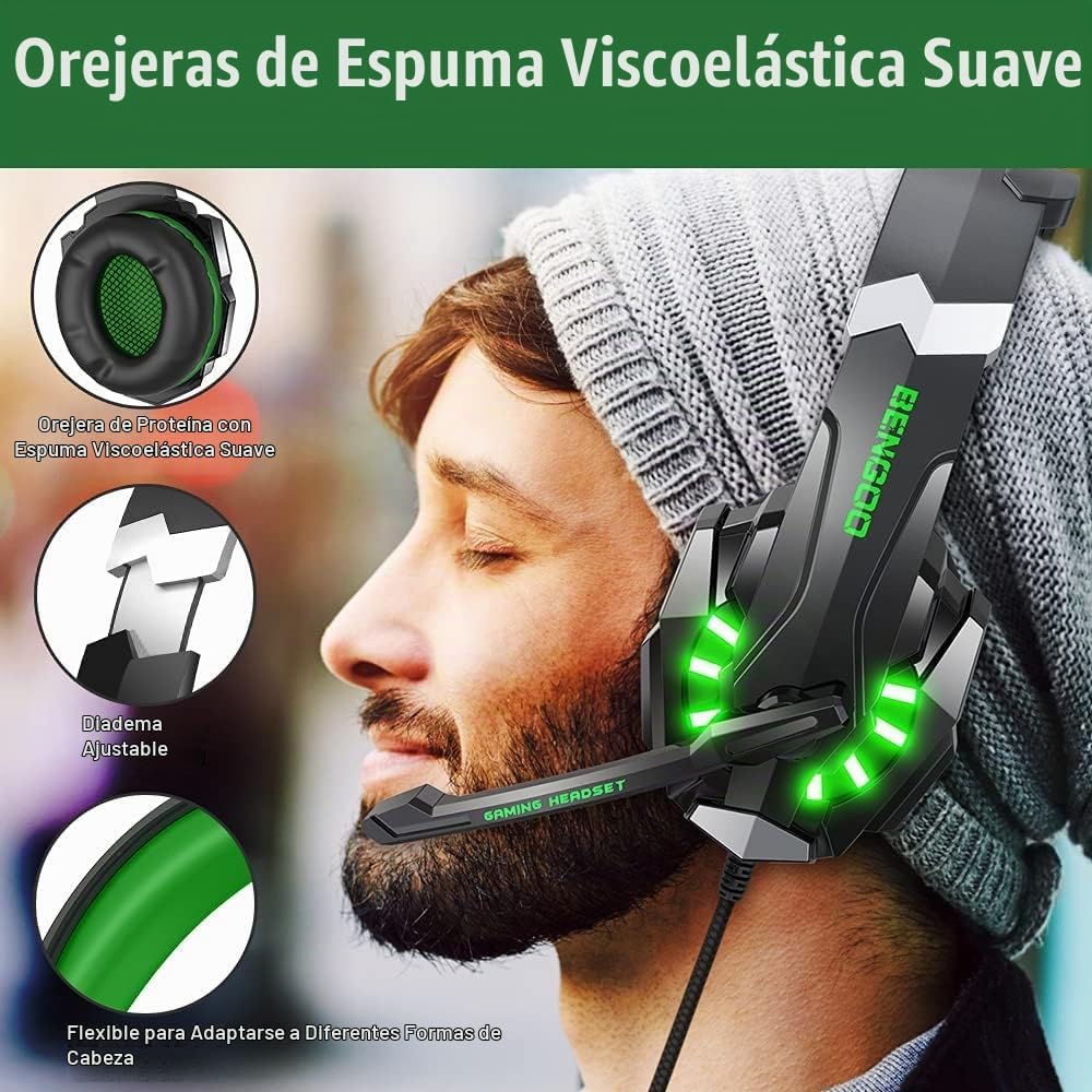 HEADSET GAMING BENGOO G9000 STEREO CON MICRÓFONO FLEXIBLE VERDE - 3