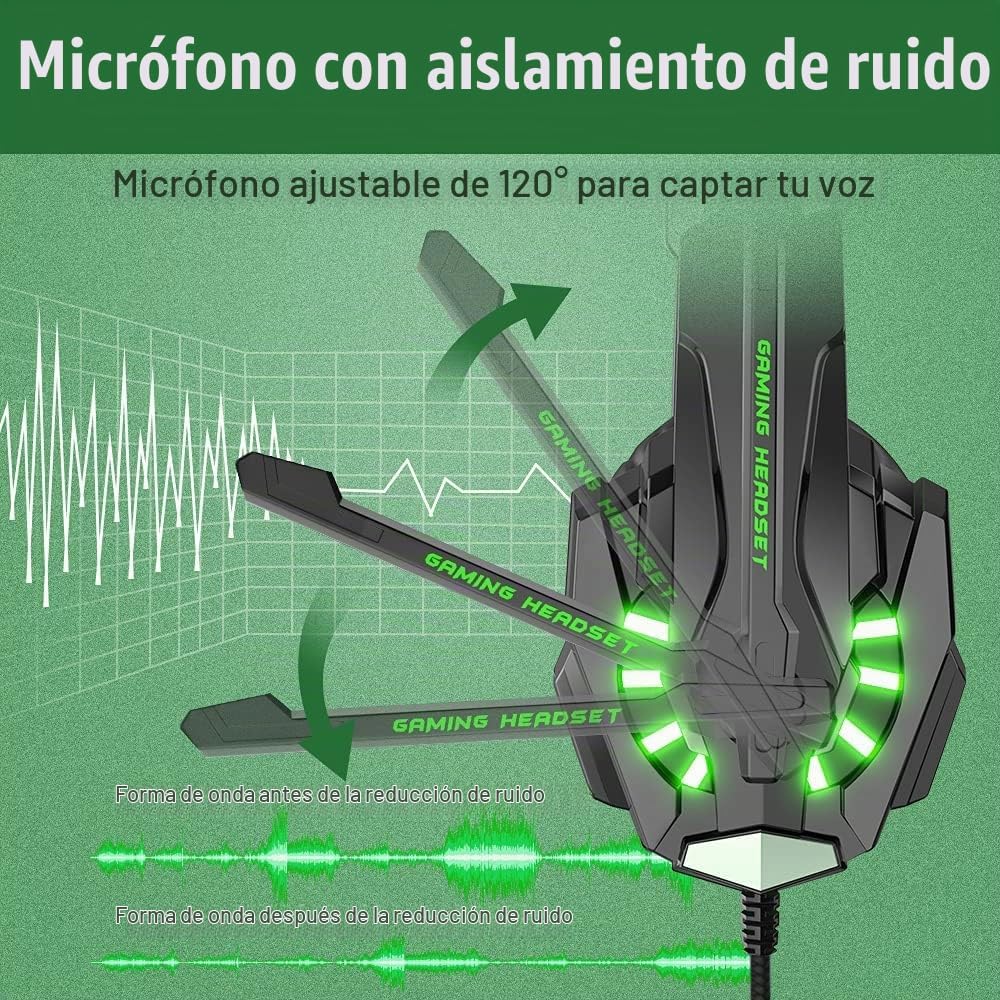 HEADSET GAMING BENGOO G9000 STEREO CON MICRÓFONO FLEXIBLE VERDE - 4