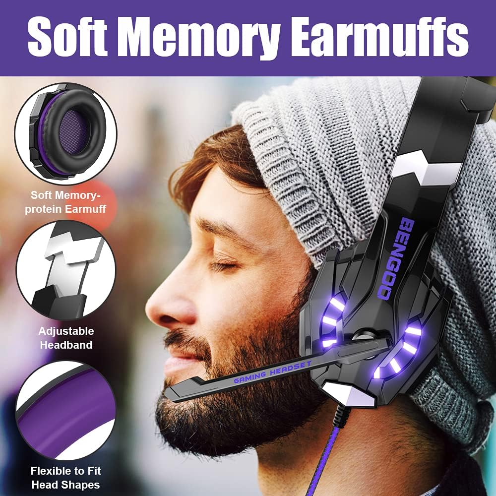 HEADSET GAMING BENGOO G9000 ESTÉREO CON MICRÓFONO Y LUZ LED PÚRPURA - 3