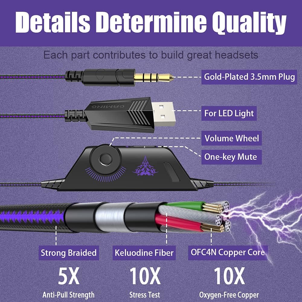 HEADSET GAMING BENGOO G9000 ESTÉREO CON MICRÓFONO Y LUZ LED PÚRPURA - 5