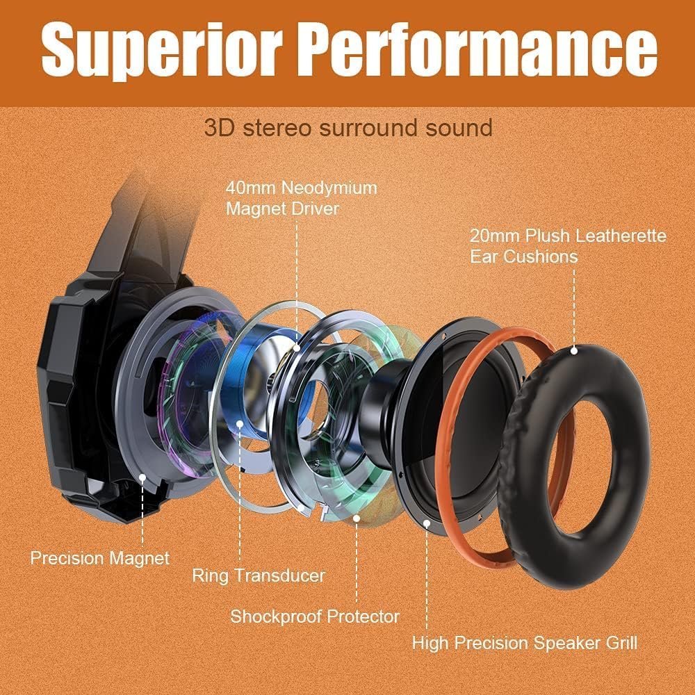 HEADSET GAMING BENGOO G9000 ESTÉREO OVER-EAR NARANJA CON MICRÓFONO Y LUCES LED - 2
