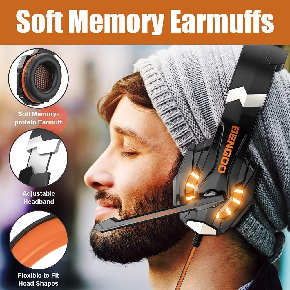 HEADSET GAMING BENGOO G9000 ESTÉREO OVER-EAR NARANJA CON MICRÓFONO Y LUCES LED - 3