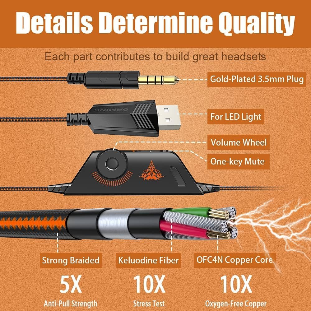 HEADSET GAMING BENGOO G9000 ESTÉREO OVER-EAR NARANJA CON MICRÓFONO Y LUCES LED - 5