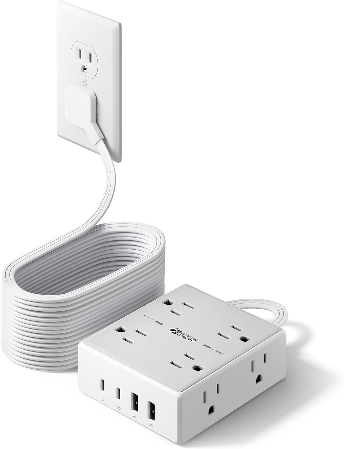 REGLETA DE EXTENSIÓN SUPERDANNY CON PROTECTOR DE SOBRETENSIÓN Y PUERTOS USB, CABLE PLANO 20 PIES - 1
