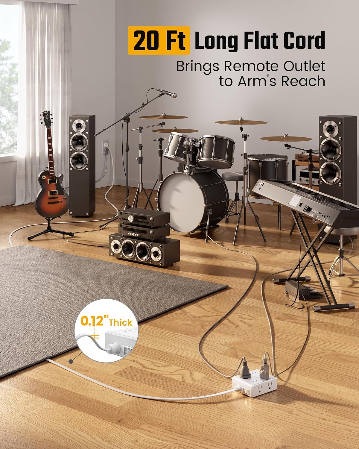 REGLETA DE EXTENSIÓN SUPERDANNY CON PROTECTOR DE SOBRETENSIÓN Y PUERTOS USB, CABLE PLANO 20 PIES - 2