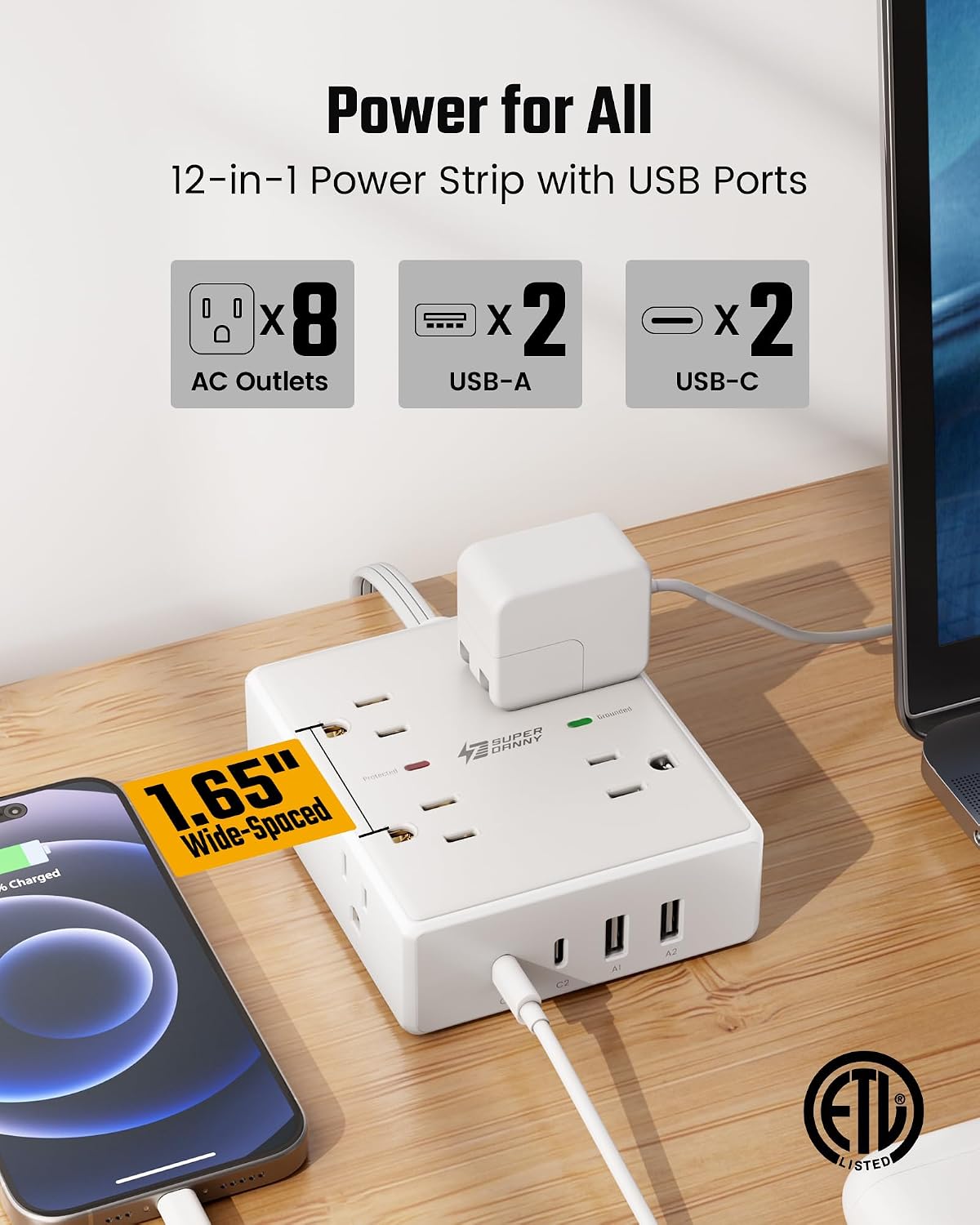 REGLETA DE EXTENSIÓN SUPERDANNY CON PROTECTOR DE SOBRETENSIÓN Y PUERTOS USB, CABLE PLANO 20 PIES - 3