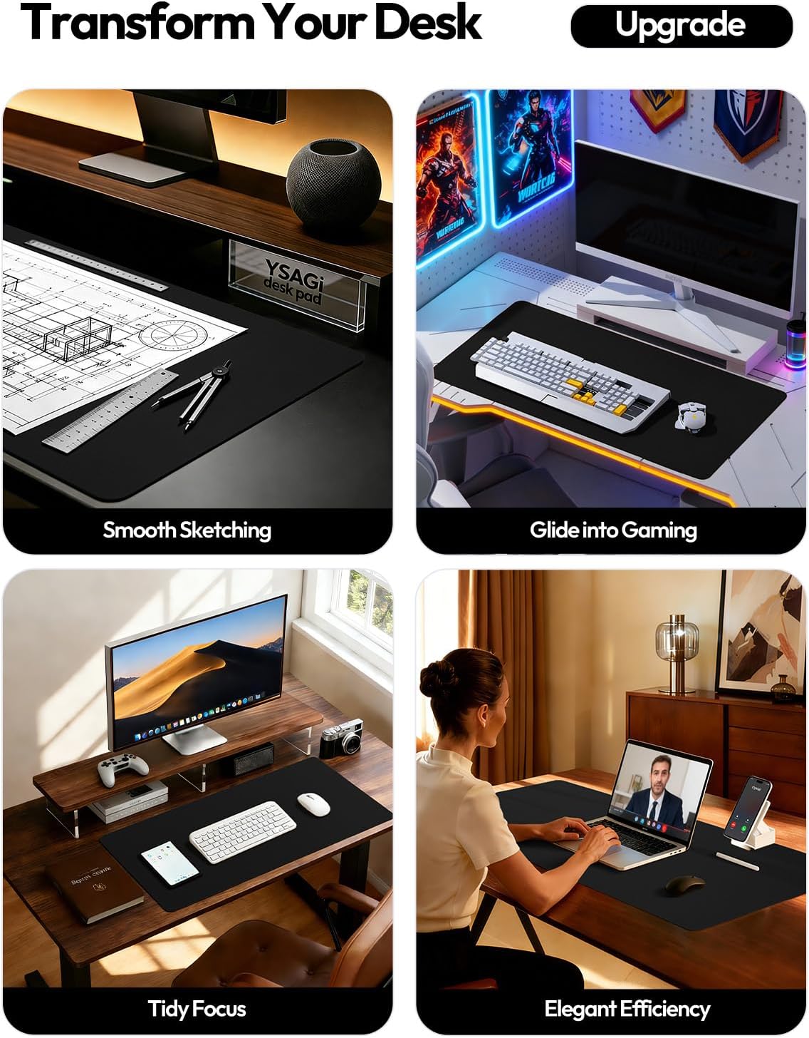 MOUSE PAD YSAGI LARGE EXTENDED PU LEATHER DESK PAD 35.4'X17' NEGRO - 2