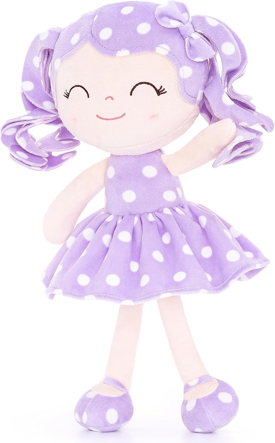 PELUCHE MUÑECA BEBÉ GLOVELEYA PERSONALIZABLE CON NOMBRE, CABELLO RIZADO Y VESTIDO MORADO CON LUNARES, 30 CM - 1
