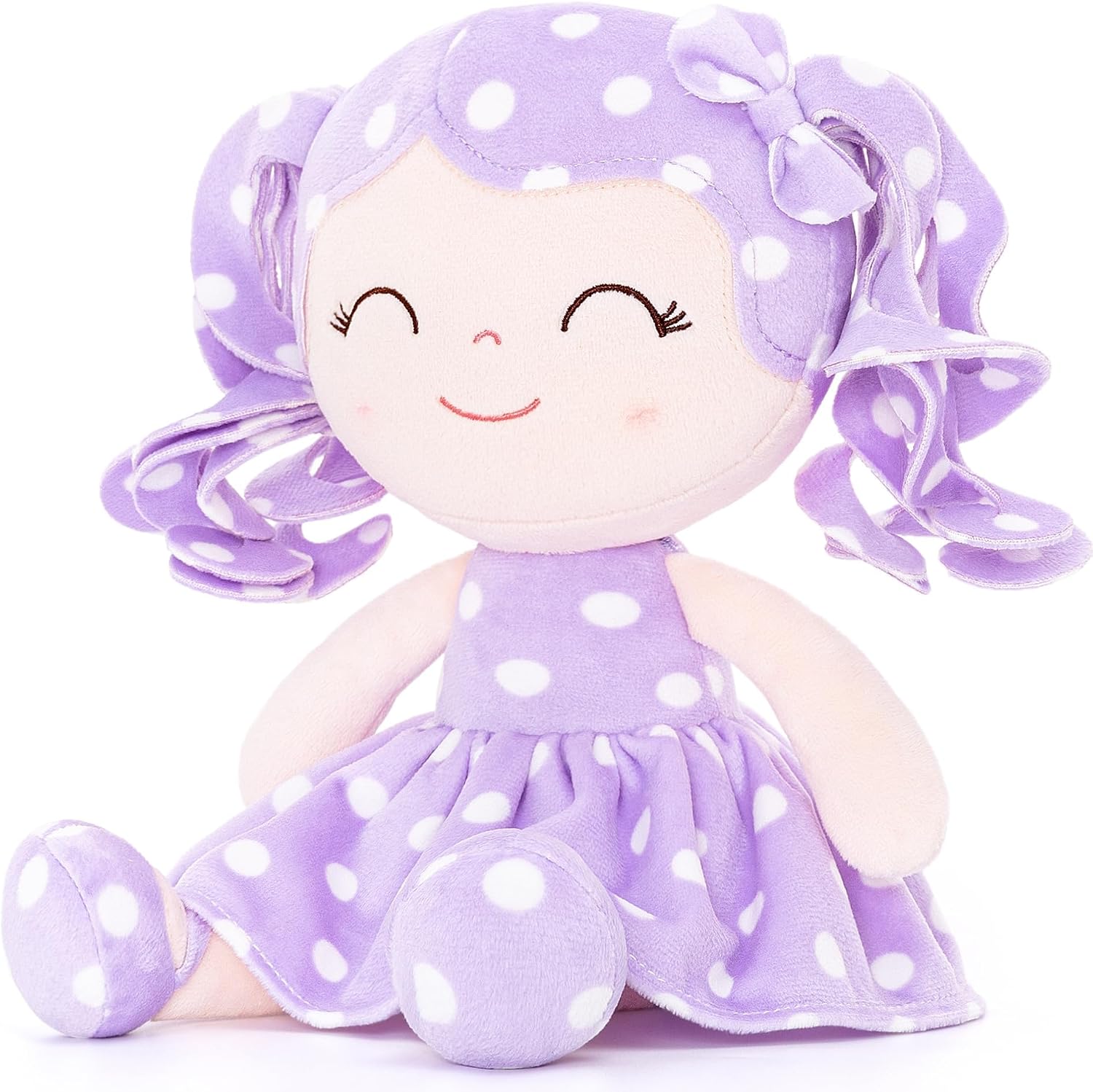 PELUCHE MUÑECA BEBÉ GLOVELEYA PERSONALIZABLE CON NOMBRE, CABELLO RIZADO Y VESTIDO MORADO CON LUNARES, 30 CM - 2