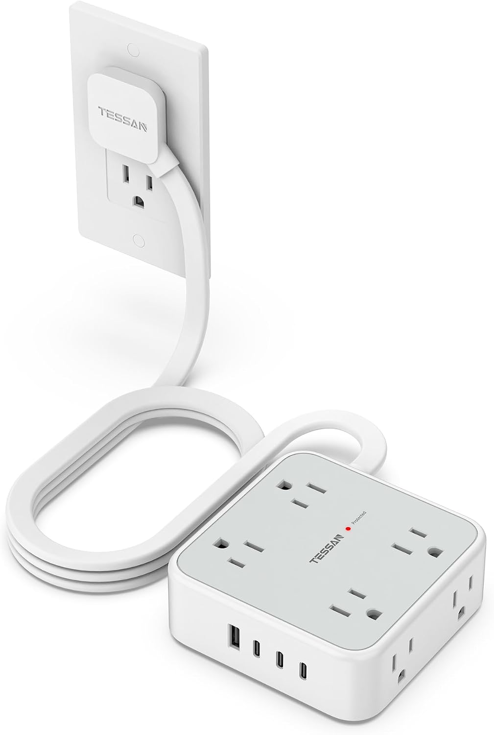 EXTENSIÓN TESSAN CON PROTECTOR DE SOBRETENSIÓN 900J, 8 TOMAS, 4 PUERTOS USB, CABLE 5 PIES, GRIS - 1