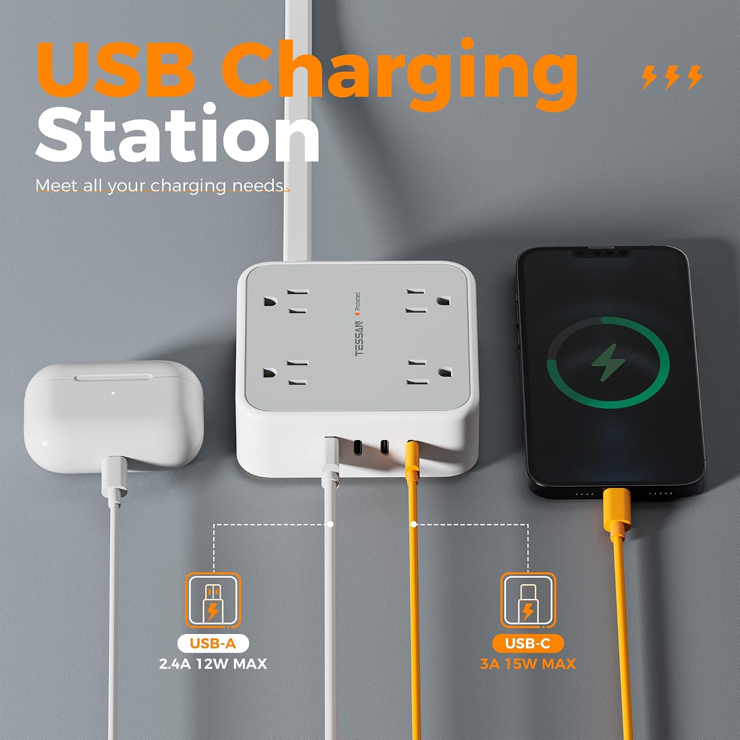 EXTENSIÓN TESSAN CON PROTECTOR DE SOBRETENSIÓN 900J, 8 TOMAS, 4 PUERTOS USB, CABLE 5 PIES, GRIS - 2