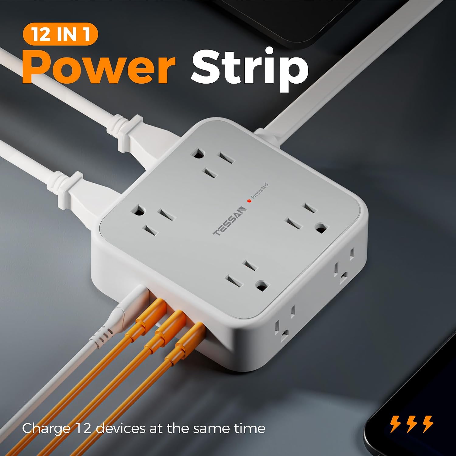 EXTENSIÓN TESSAN CON PROTECTOR DE SOBRETENSIÓN 900J, 8 TOMAS, 4 PUERTOS USB, CABLE 5 PIES, GRIS - 3