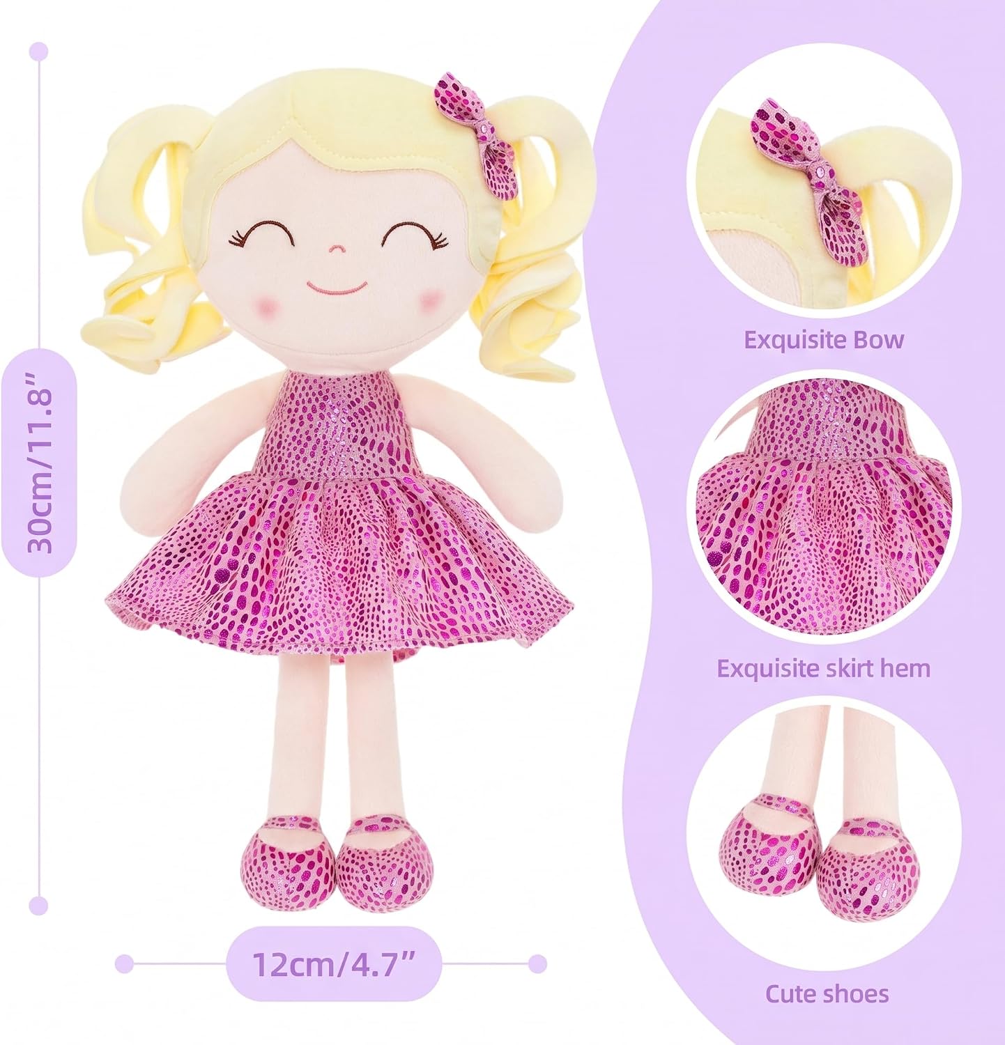 PELUCHE GLOVELEYA MUÑECA SUAVE VESTIDO ROSA BRILLANTE 12 PULGADAS - 3
