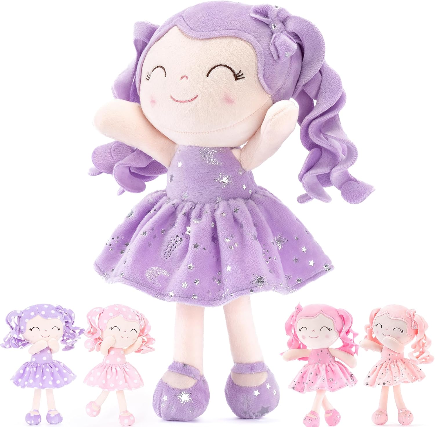 MUÑECA DE PELUCHE GLOVELEYA BEBÉ 12 PULGADAS CABELLO RIZADO VESTIDO PÚRPURA - 1
