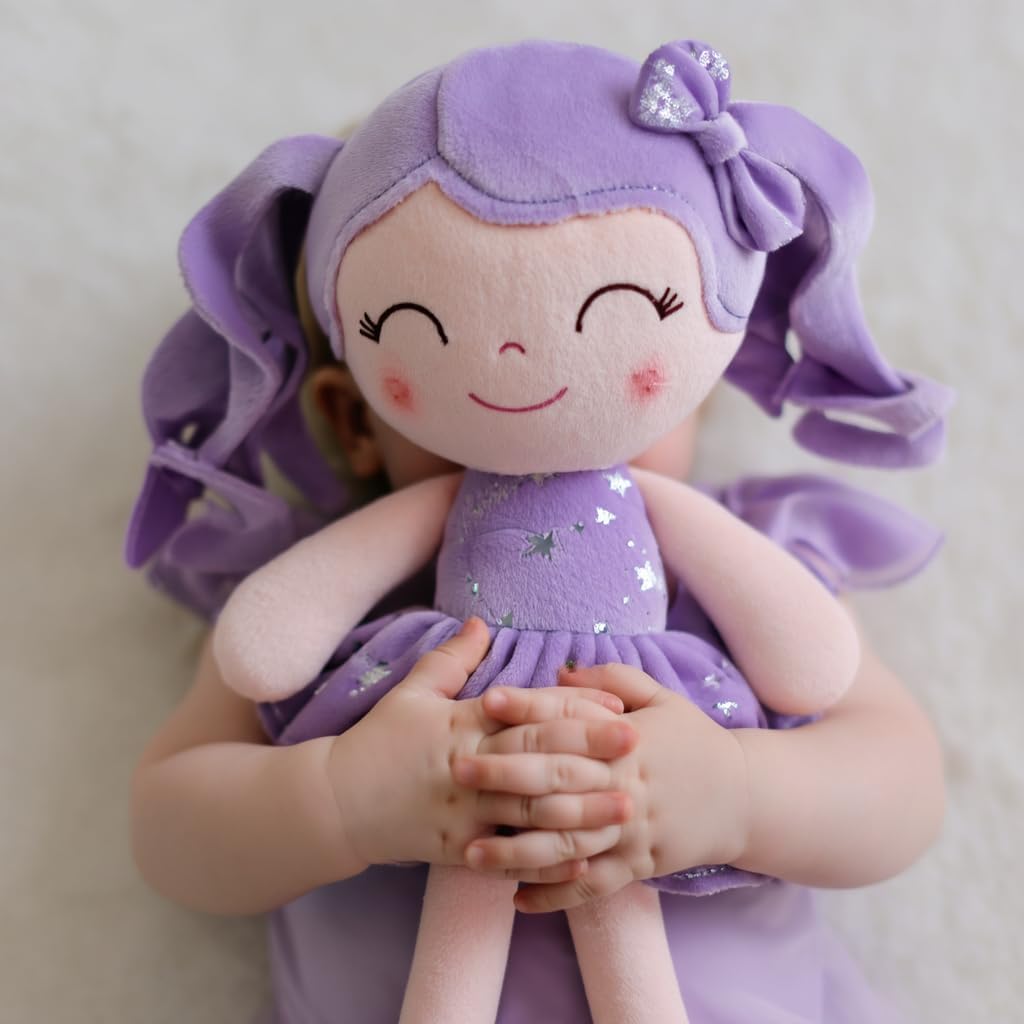 MUÑECA DE PELUCHE GLOVELEYA BEBÉ 12 PULGADAS CABELLO RIZADO VESTIDO PÚRPURA - 3
