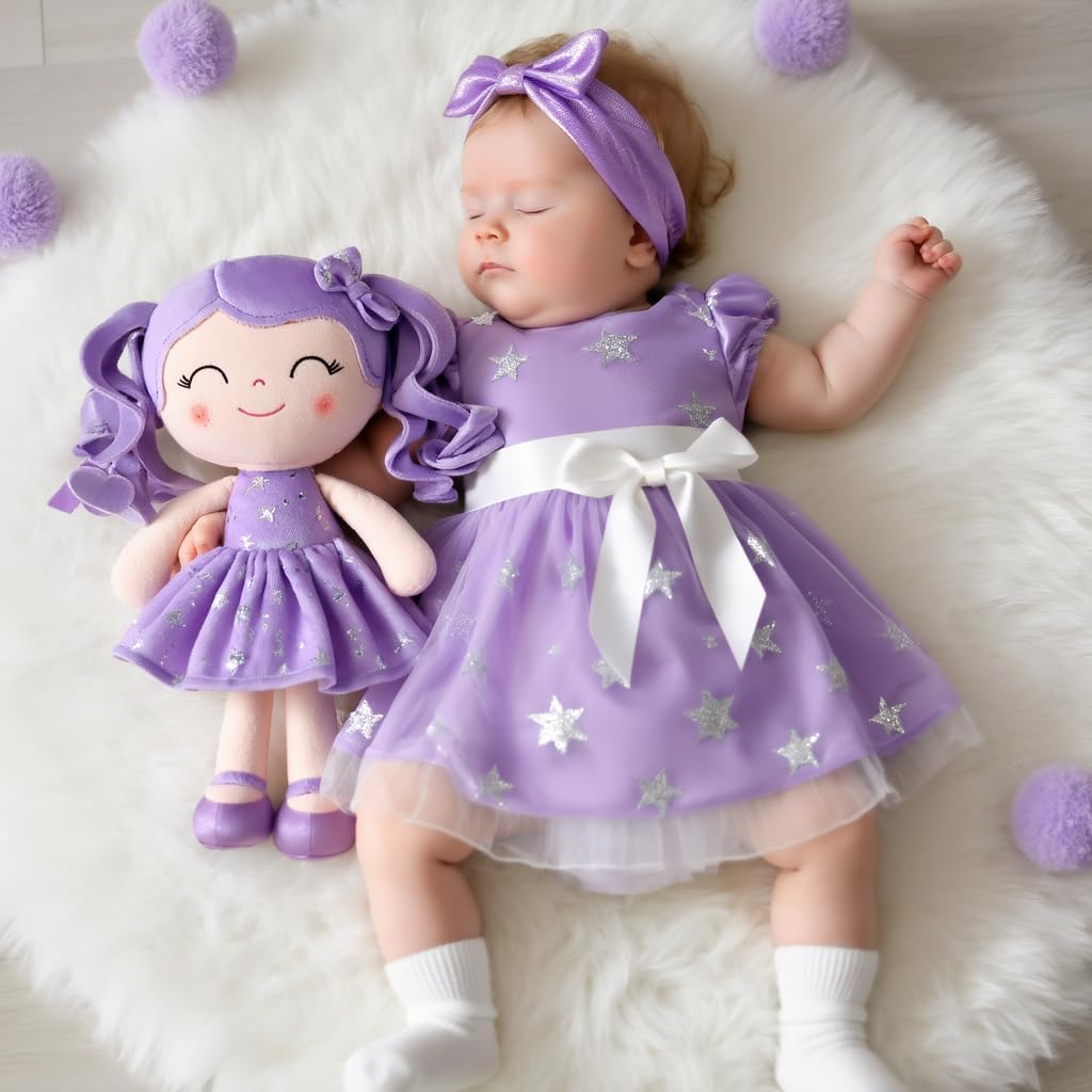 MUÑECA DE PELUCHE GLOVELEYA BEBÉ 12 PULGADAS CABELLO RIZADO VESTIDO PÚRPURA - 5