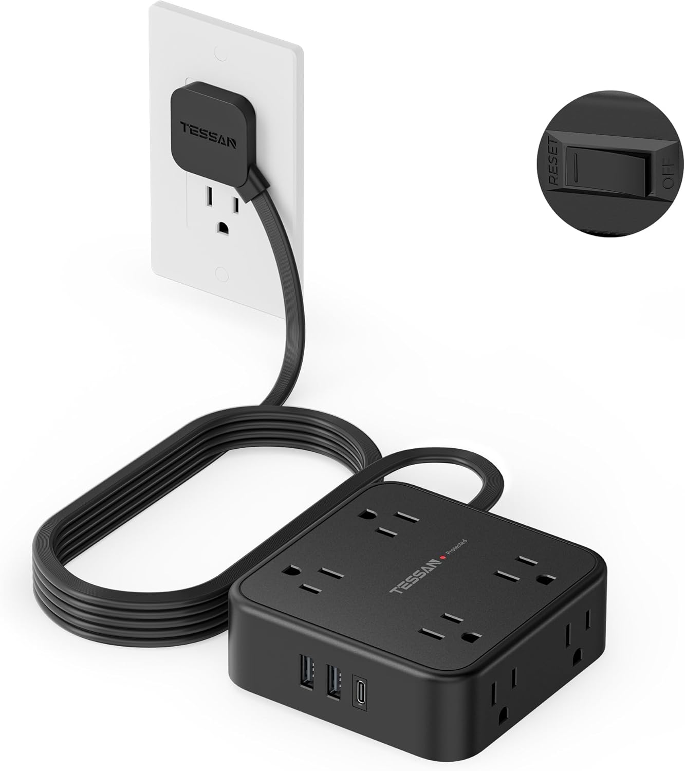 EXTENSIÓN DE CORRIENTE TESSAN CON PROTECCIÓN CONTRA SOBRETENSIONES 900J, 10 PIES, NEGRO - 1