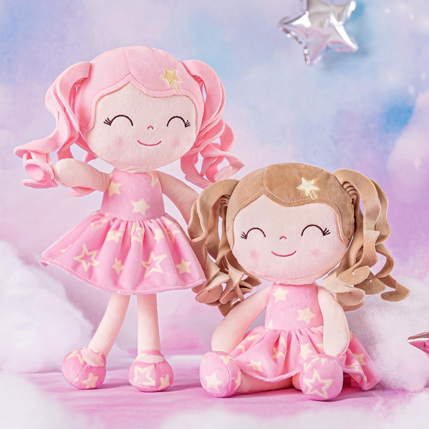MUÑECA DE PELUCHE GLOVELEYA 30 CM VESTIDO ROSA CON ESTRELLAS - 4