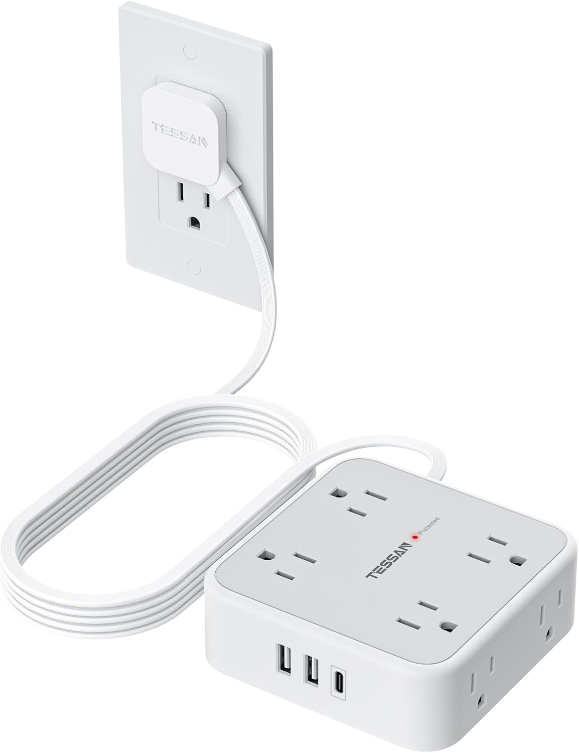 REGLETA DE PROTECCIÓN TESSAN CON 8 TOMAS Y 3 PUERTOS USB, CABLE DE 10 PIES, GRIS - 1
