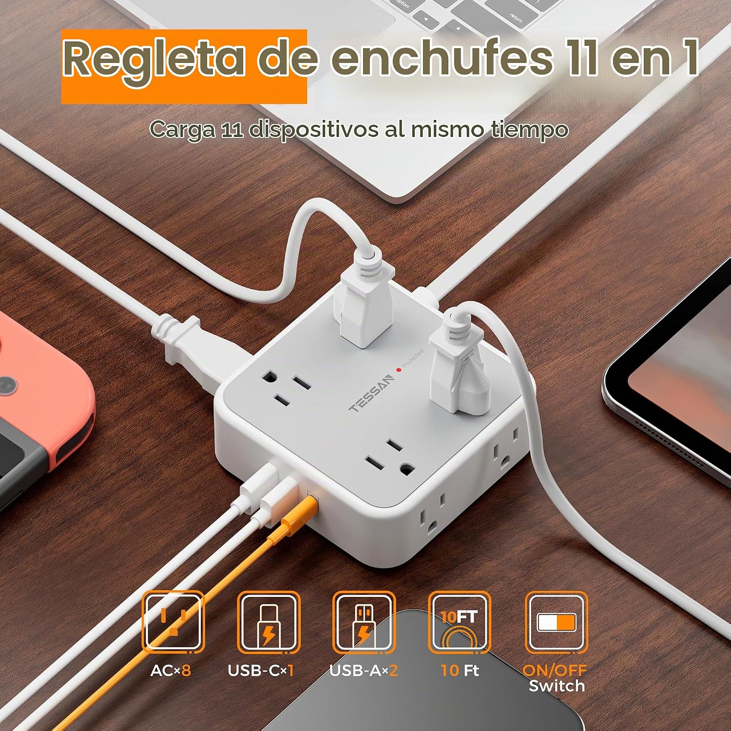 REGLETA DE PROTECCIÓN TESSAN CON 8 TOMAS Y 3 PUERTOS USB, CABLE DE 10 PIES, GRIS - 2
