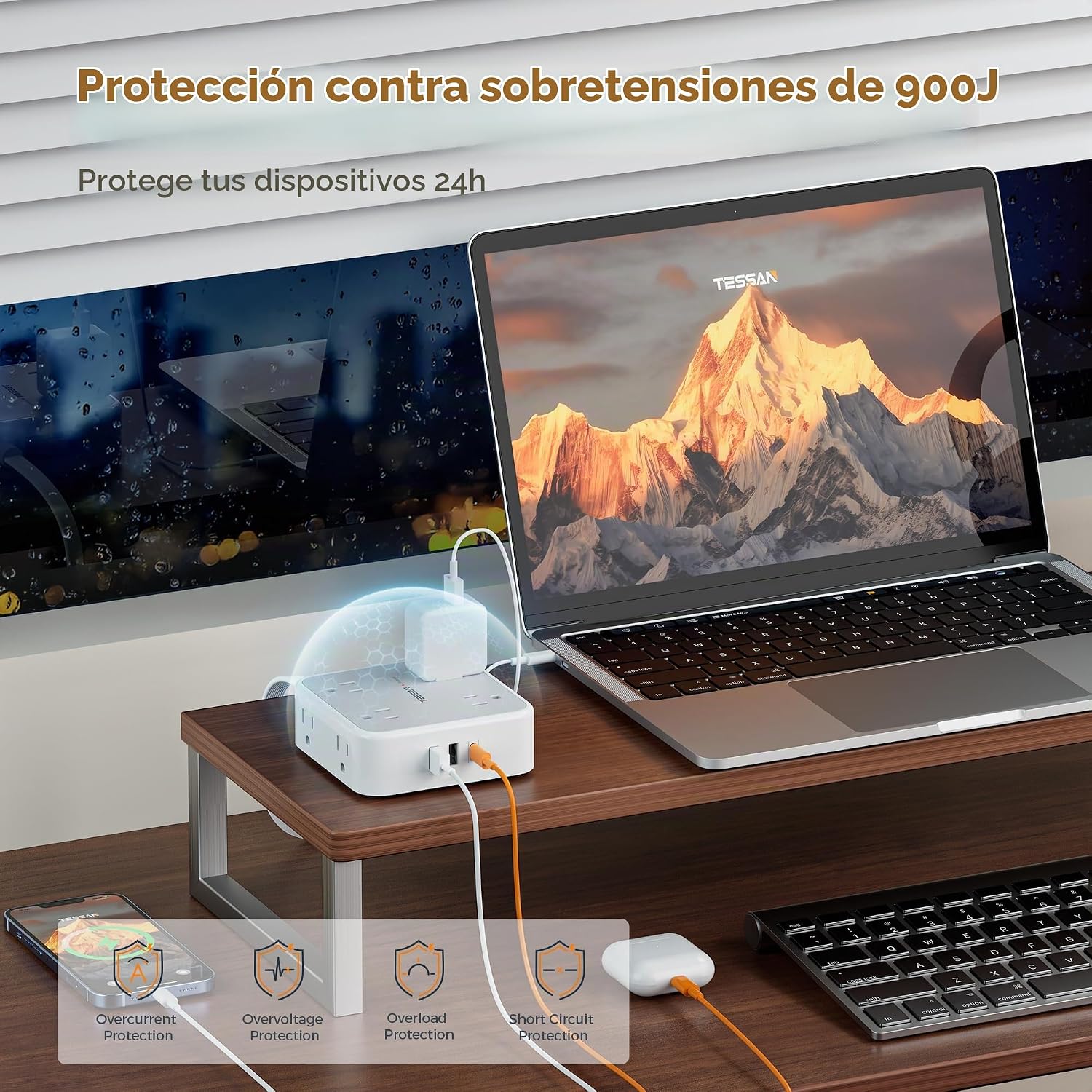 REGLETA DE PROTECCIÓN TESSAN CON 8 TOMAS Y 3 PUERTOS USB, CABLE DE 10 PIES, GRIS - 3