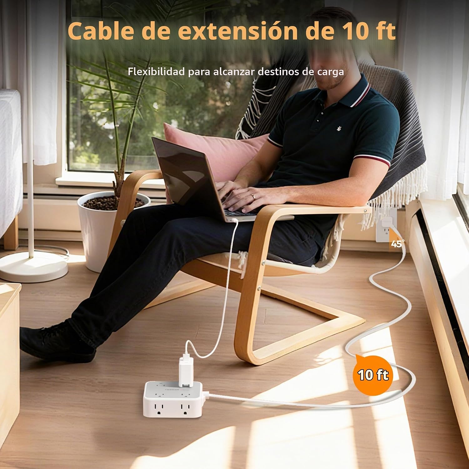 REGLETA DE PROTECCIÓN TESSAN CON 8 TOMAS Y 3 PUERTOS USB, CABLE DE 10 PIES, GRIS - 4