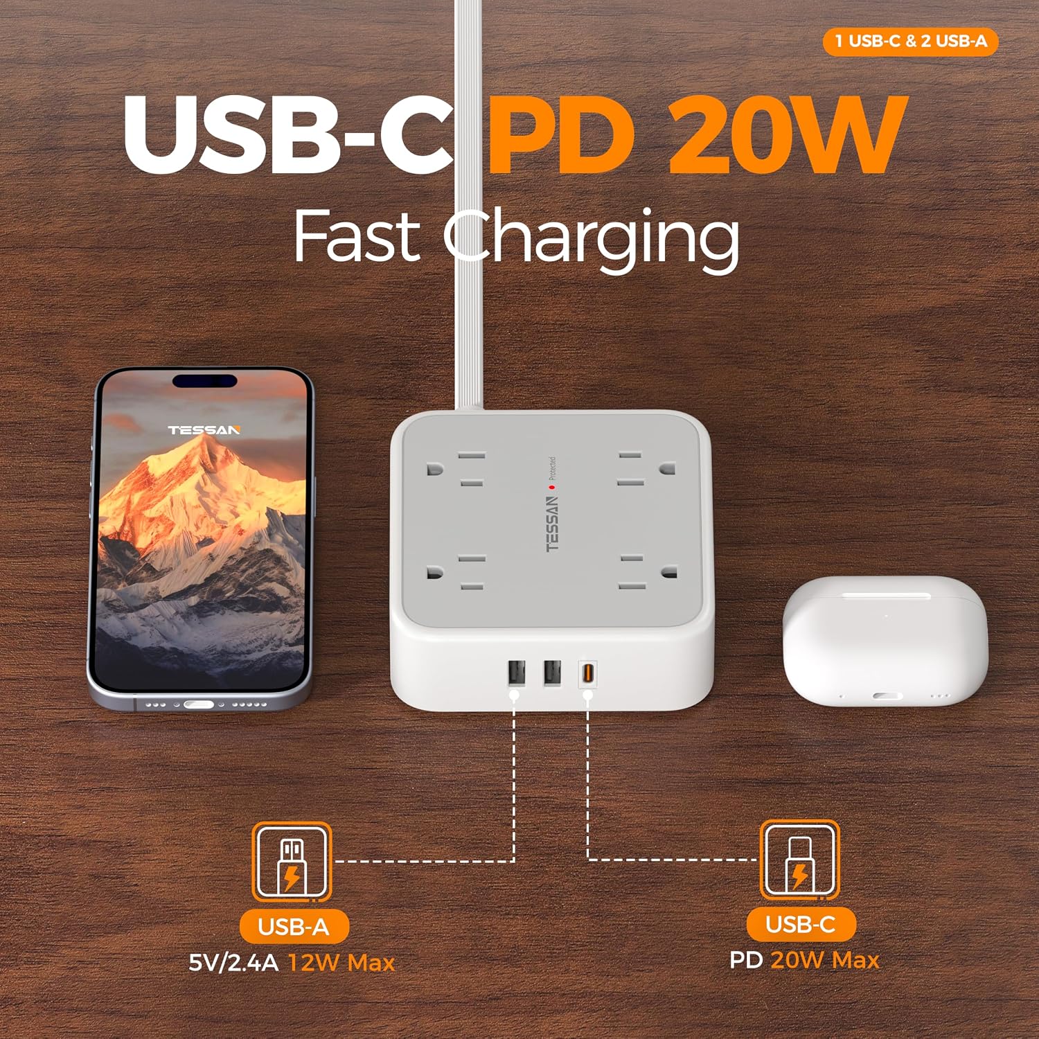REGLETA DE PROTECCIÓN TESSAN CON 8 TOMAS Y 3 PUERTOS USB, CABLE DE 10 PIES, GRIS - 5