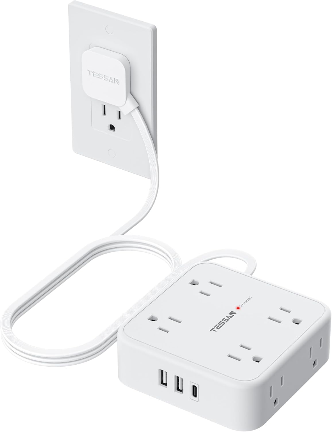 REGLETA DE PROTECCIÓN TESSAN CON 8 TOMAS, 3 PUERTOS USB Y CABLE DE 5 PIES, BLANCA - 1