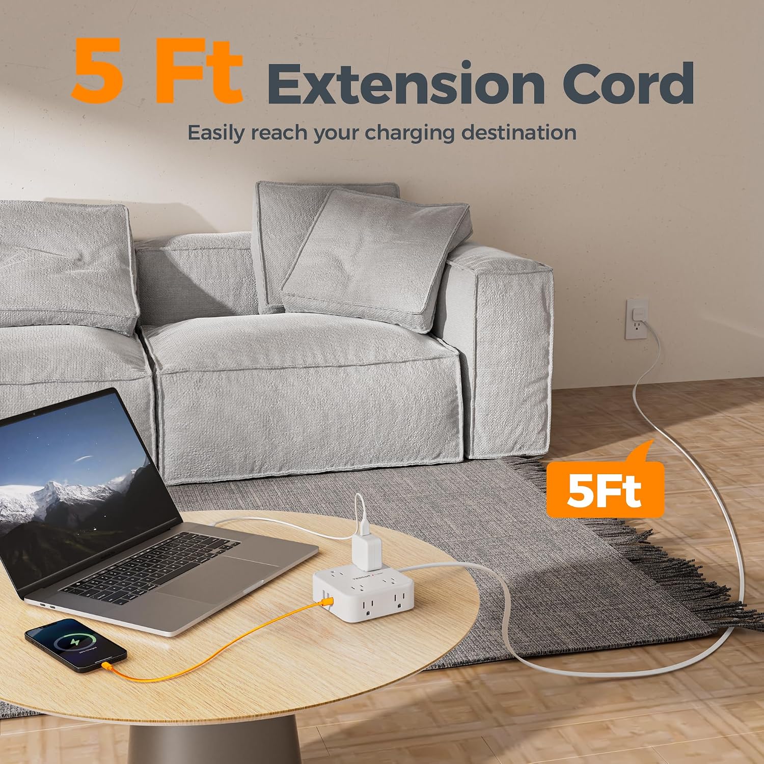 REGLETA DE PROTECCIÓN TESSAN CON 8 TOMAS, 3 PUERTOS USB Y CABLE DE 5 PIES, BLANCA - 2