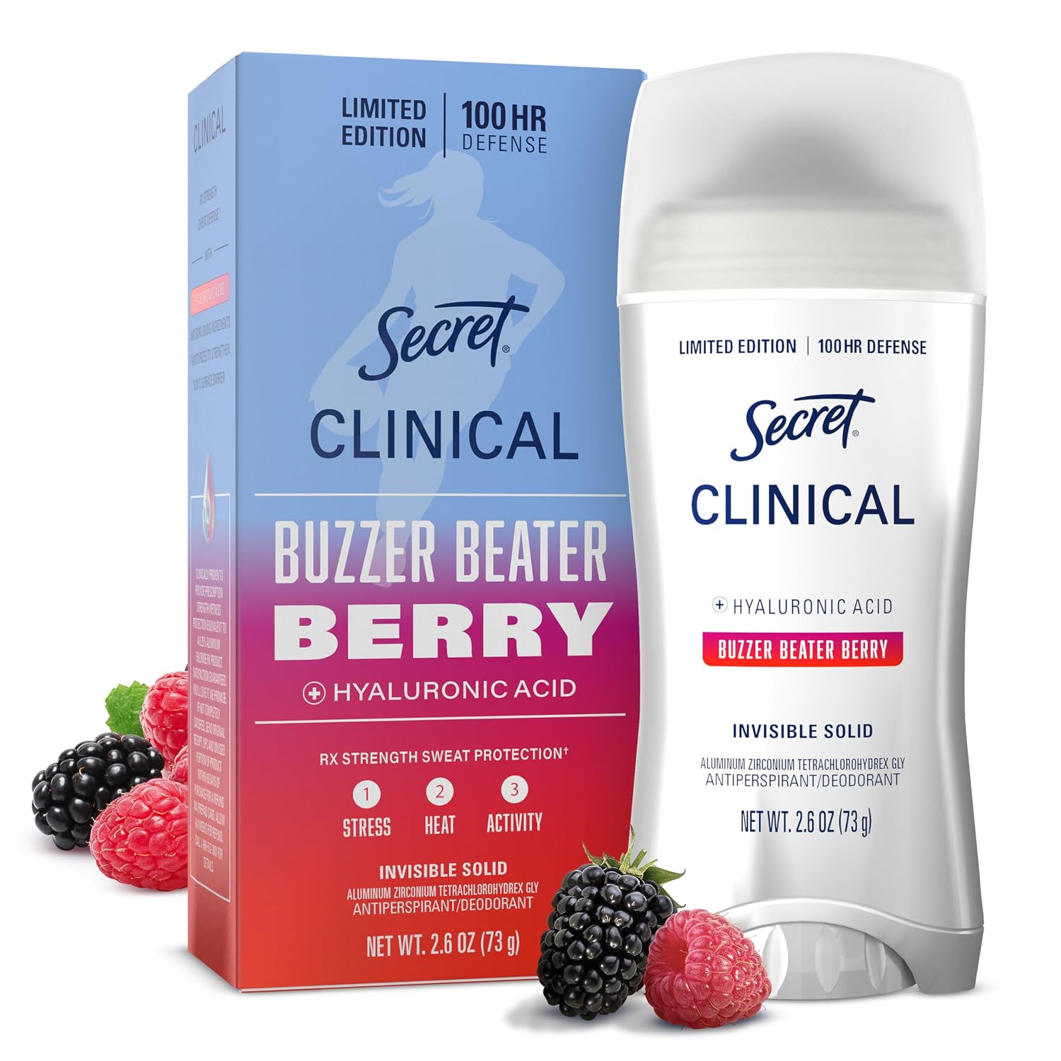 DESODORANTE ANTITRANSPIRANTE SECRET CLINICAL STRENGTH 100HR DEFENSE INVISIBLE SOLID PARA MUJER BUZZER BEATER BERRY 2.6 OZ - 1