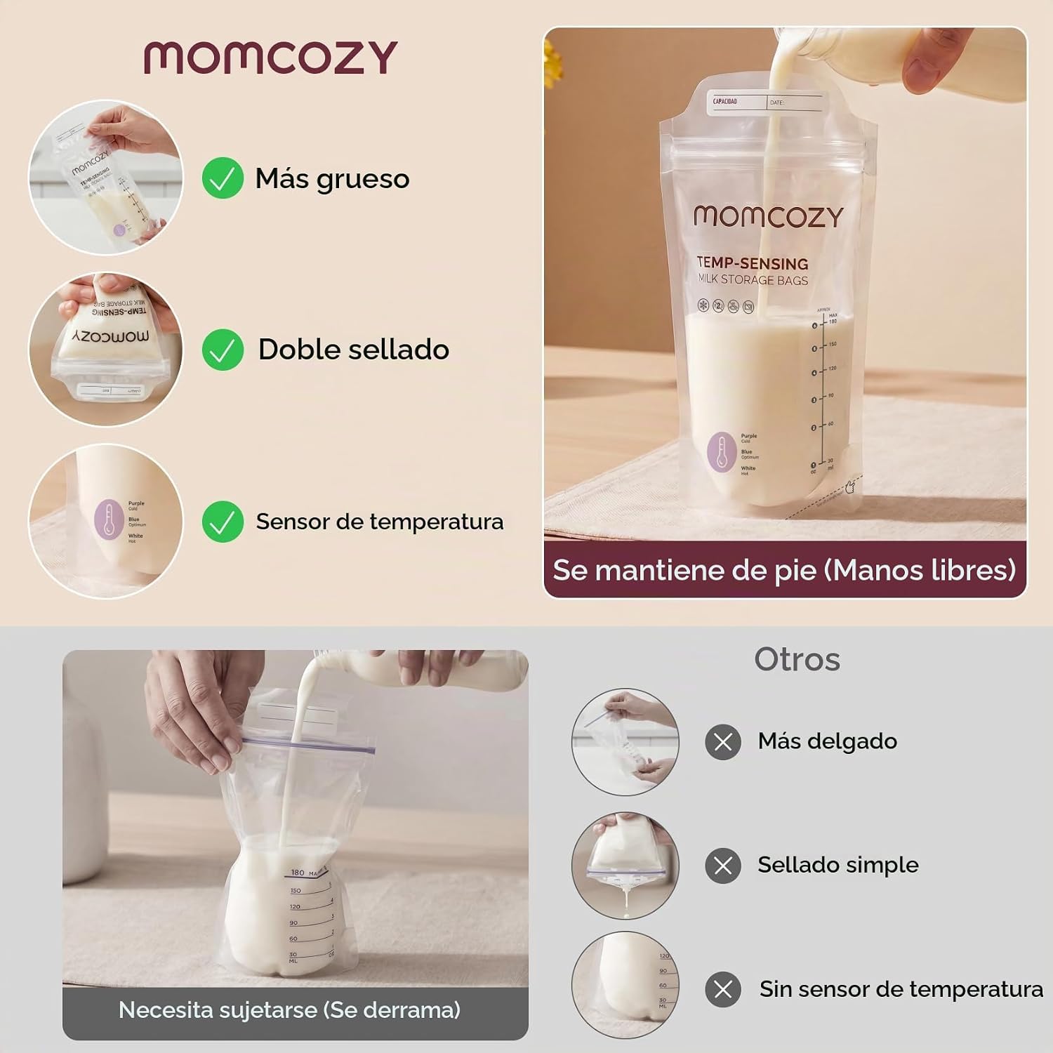 BOLSAS PARA ALMACENAR LECHE MATERNA MOMCOZY CON SENSOR DE TEMPERATURA 6OZ 120 PIEZAS - 5