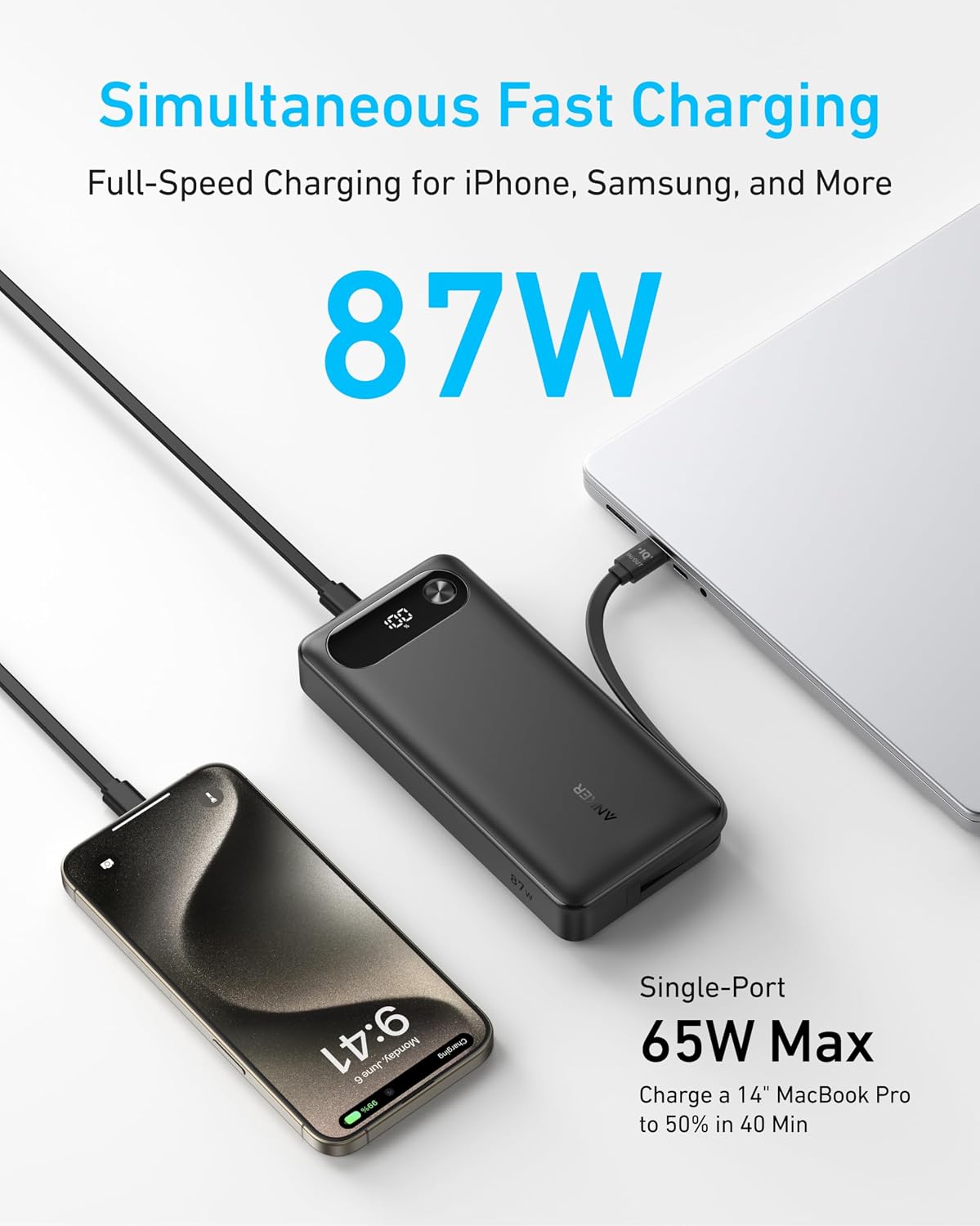 BATERÍA EXTERNA ANKER POWER BANK 20000MAH 87W CON CABLE USB-C INTEGRADO NEGRO - 2