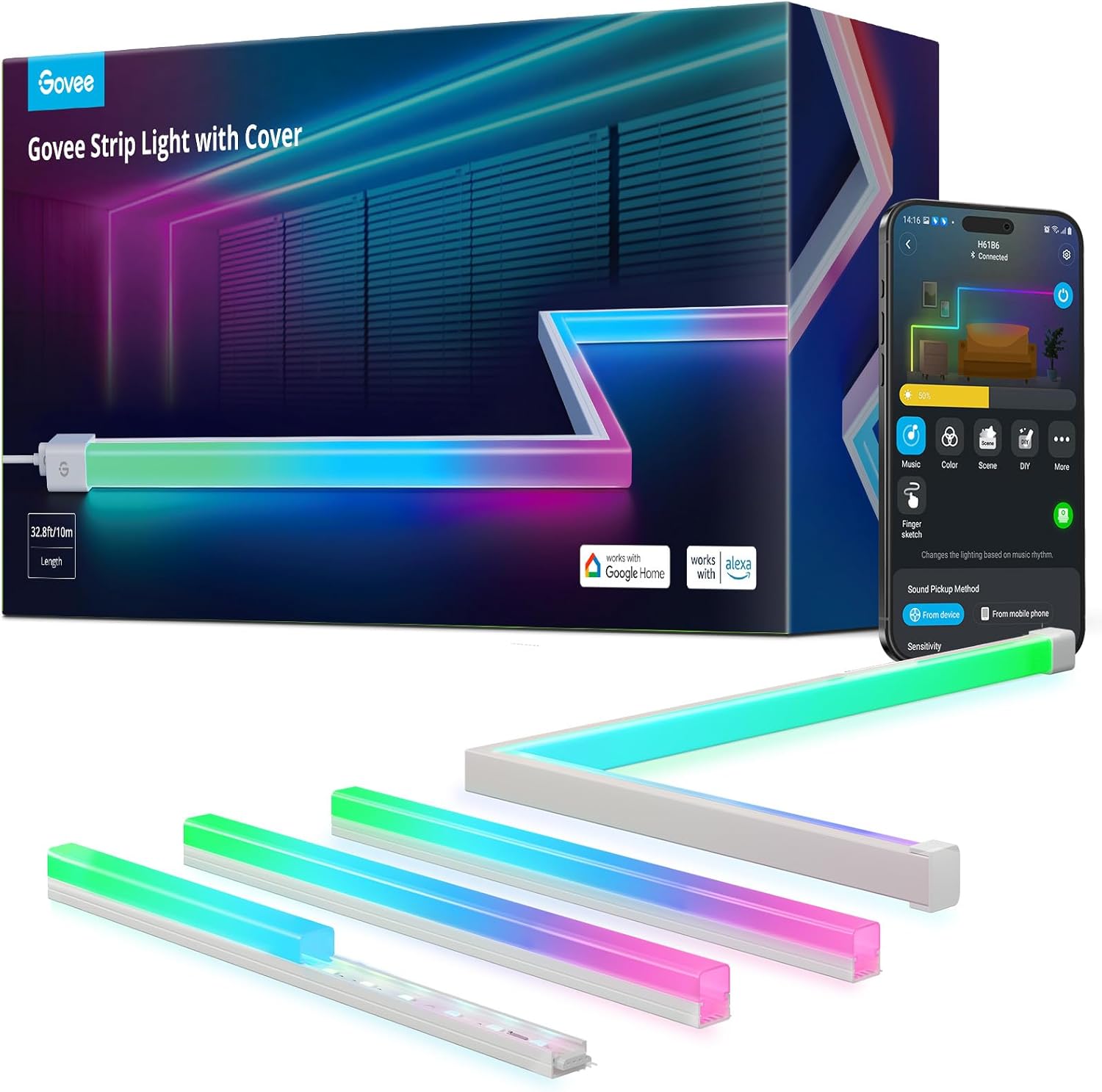 CINTA LED RGBIC GOVEE 32.8FT CON COVERS, CONTROL WIFI Y APP - 1