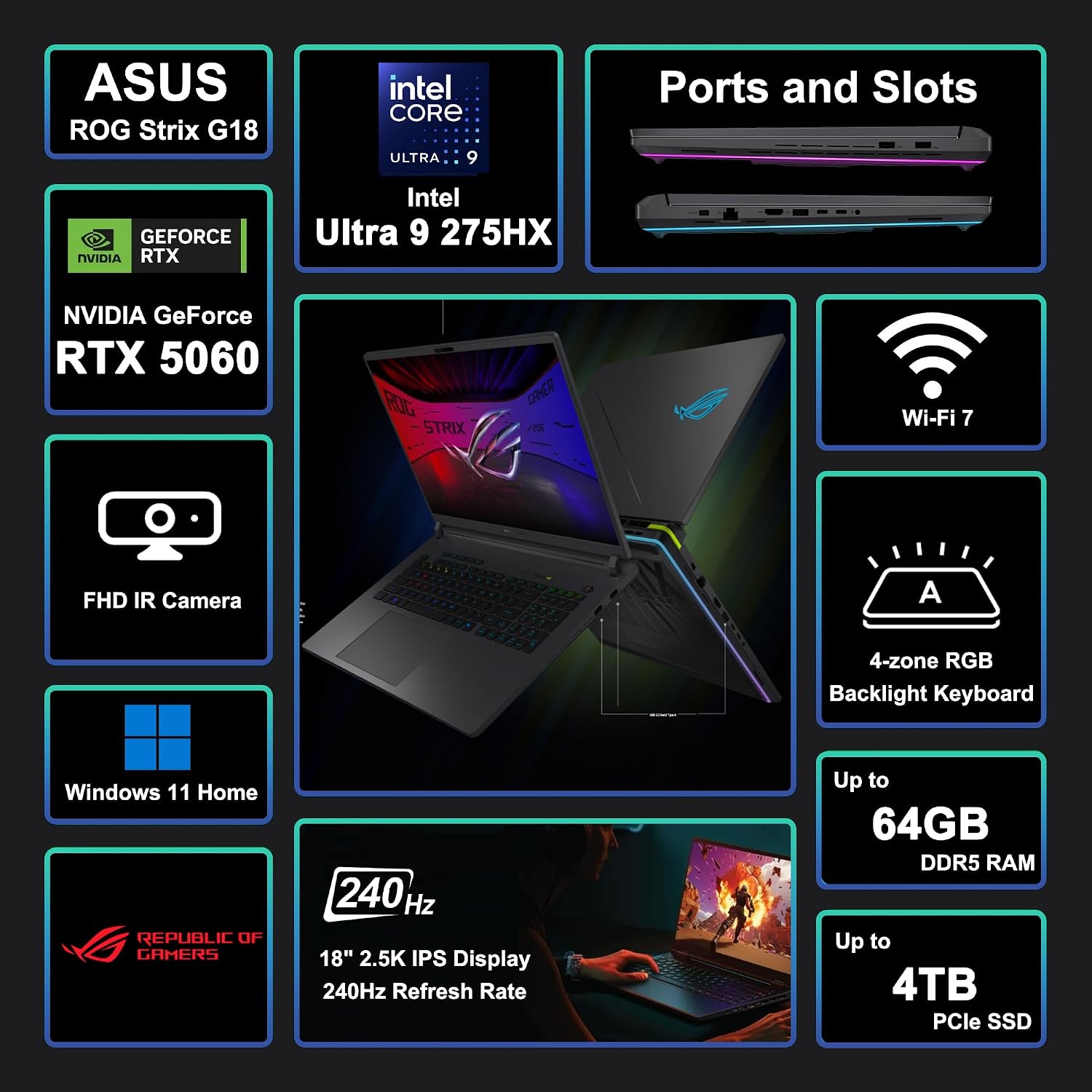 LAPTOP ASUS ROG STRIX G18 G815 18' 2.5K 240HZ INTEL ULTRA 9 275HX 32GB RAM 2TB SSD RTX 5060 - 2
