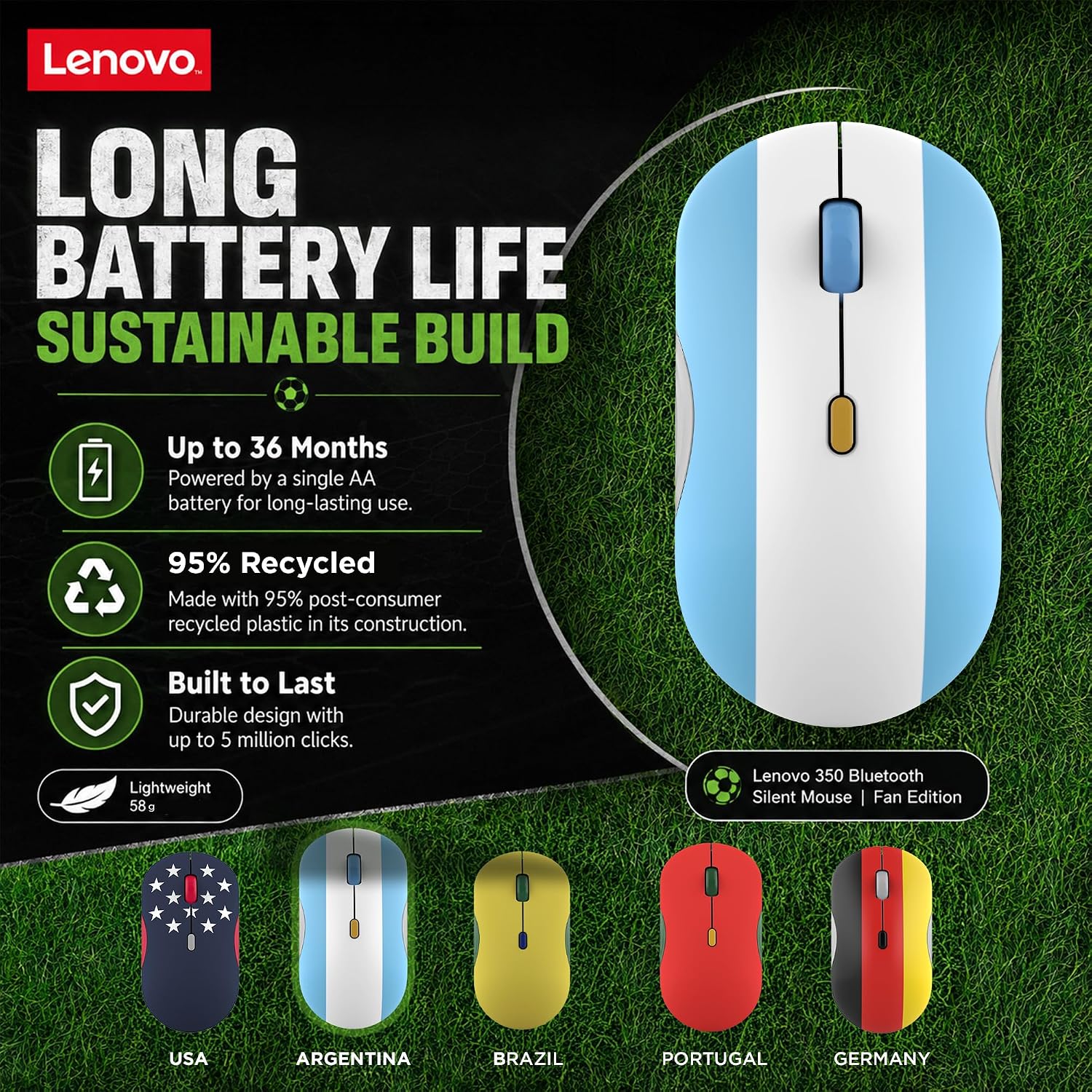 MOUSE LENOVO 350 BLUETOOTH SILENT FAN EDITION BANDERA ARGENTINA - 4