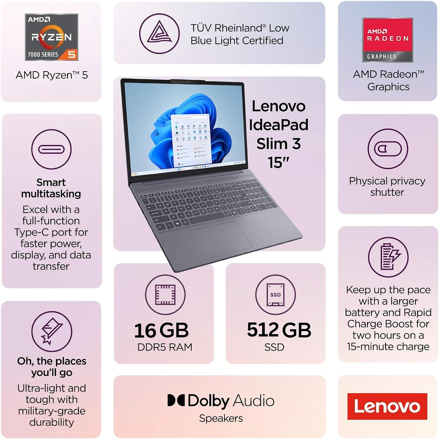 LAPTOP LENOVO IDEAPAD AMD RYZEN 5 7535HS 16GB DDR5 512GB SSD 15.3 PULGADAS - 2