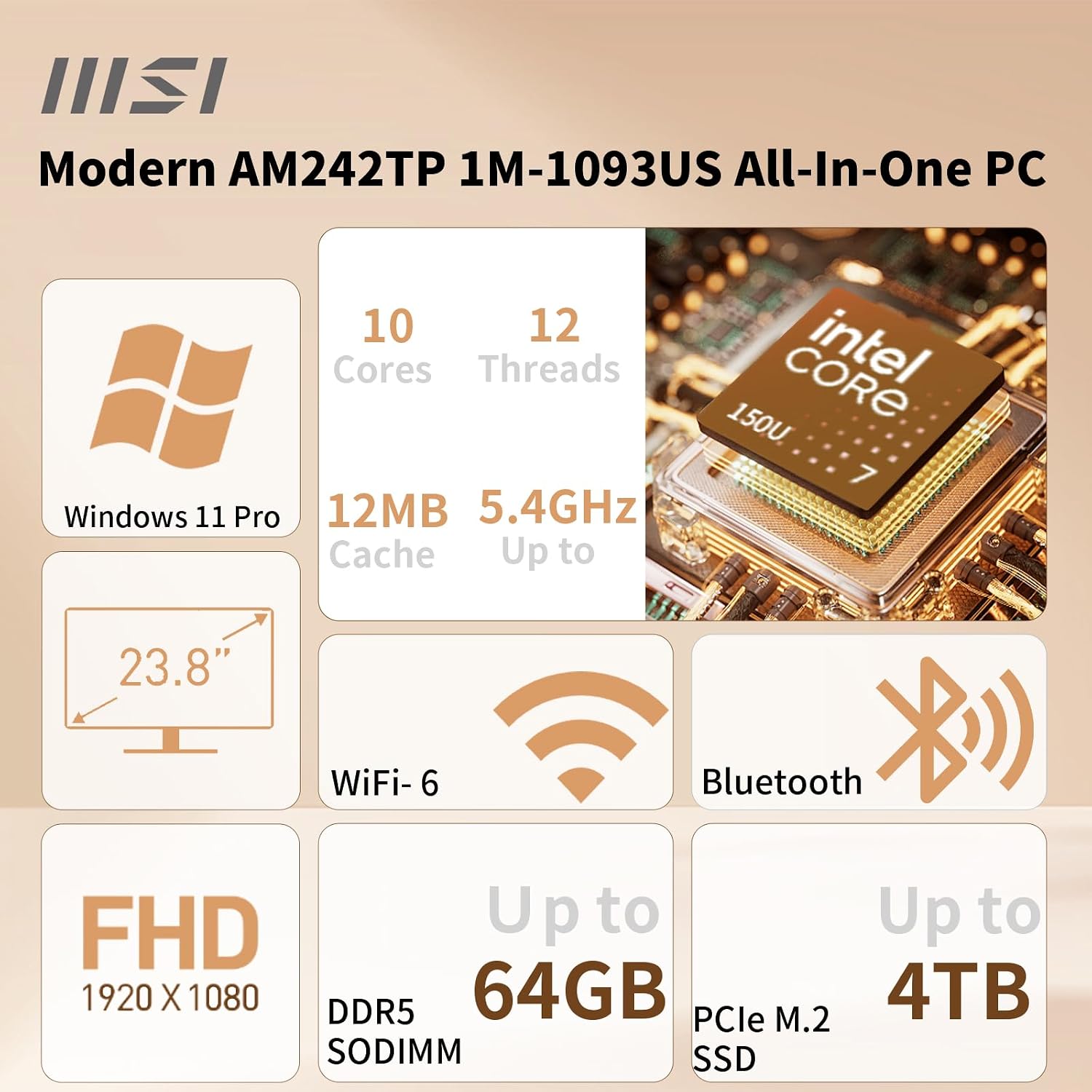 COMPUTADORA ALL-IN-ONE MSI MODERN BUSINESS 23.8' FHD TOUCHSCREEN INTEL CORE 7 150U 32GB DDR5 1TB SSD WINDOWS 11 PRO - 2