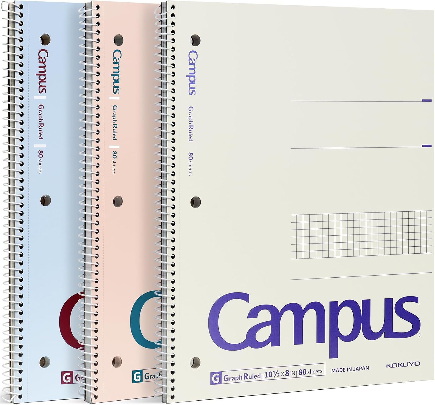 CUADERNO ESPIRAL KOKUYO CAMPUS CON PAPEL CUADRICULADO 5X5, PACK 3 UNIDADES, 80 HOJAS, ROSA CLARO AZUL CLARO BLANCO - 1