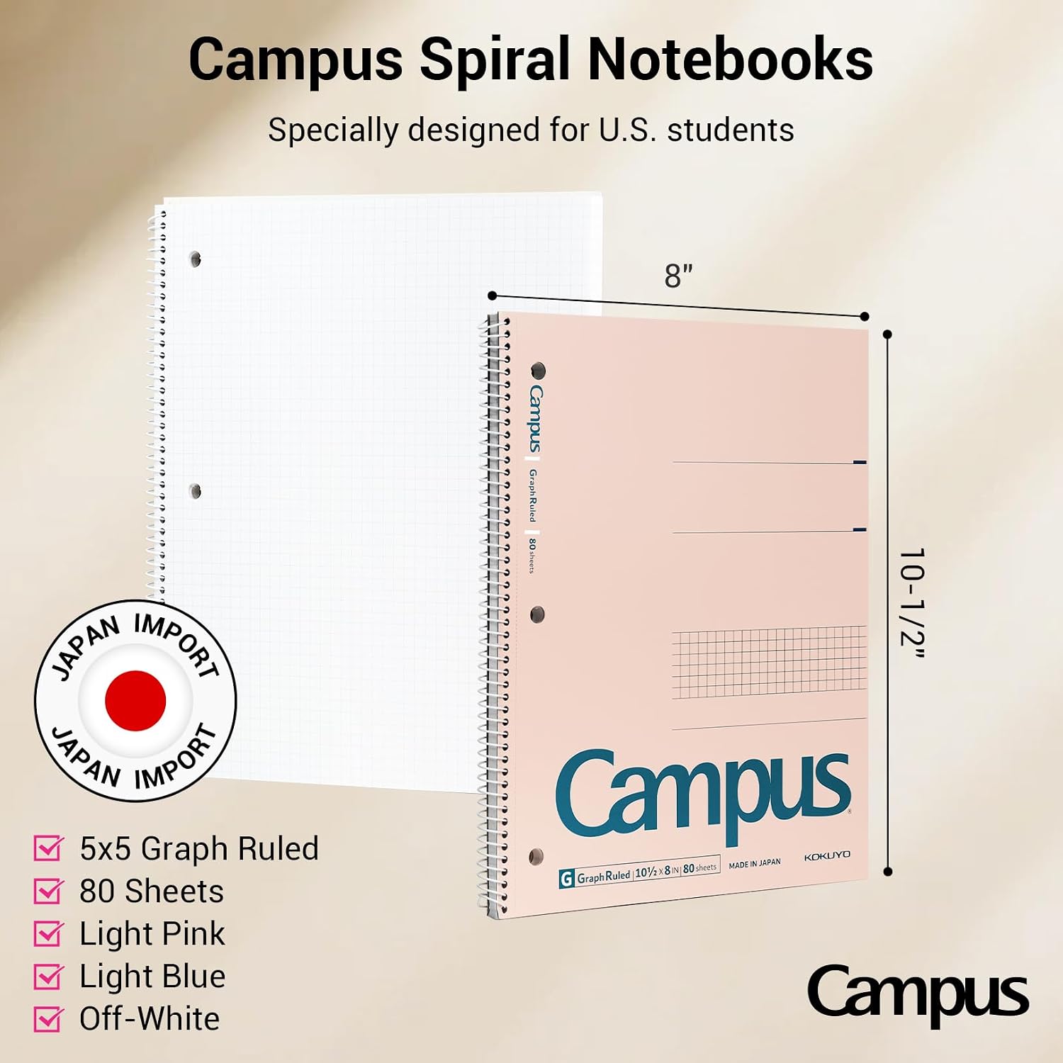 CUADERNO ESPIRAL KOKUYO CAMPUS CON PAPEL CUADRICULADO 5X5, PACK 3 UNIDADES, 80 HOJAS, ROSA CLARO AZUL CLARO BLANCO - 2