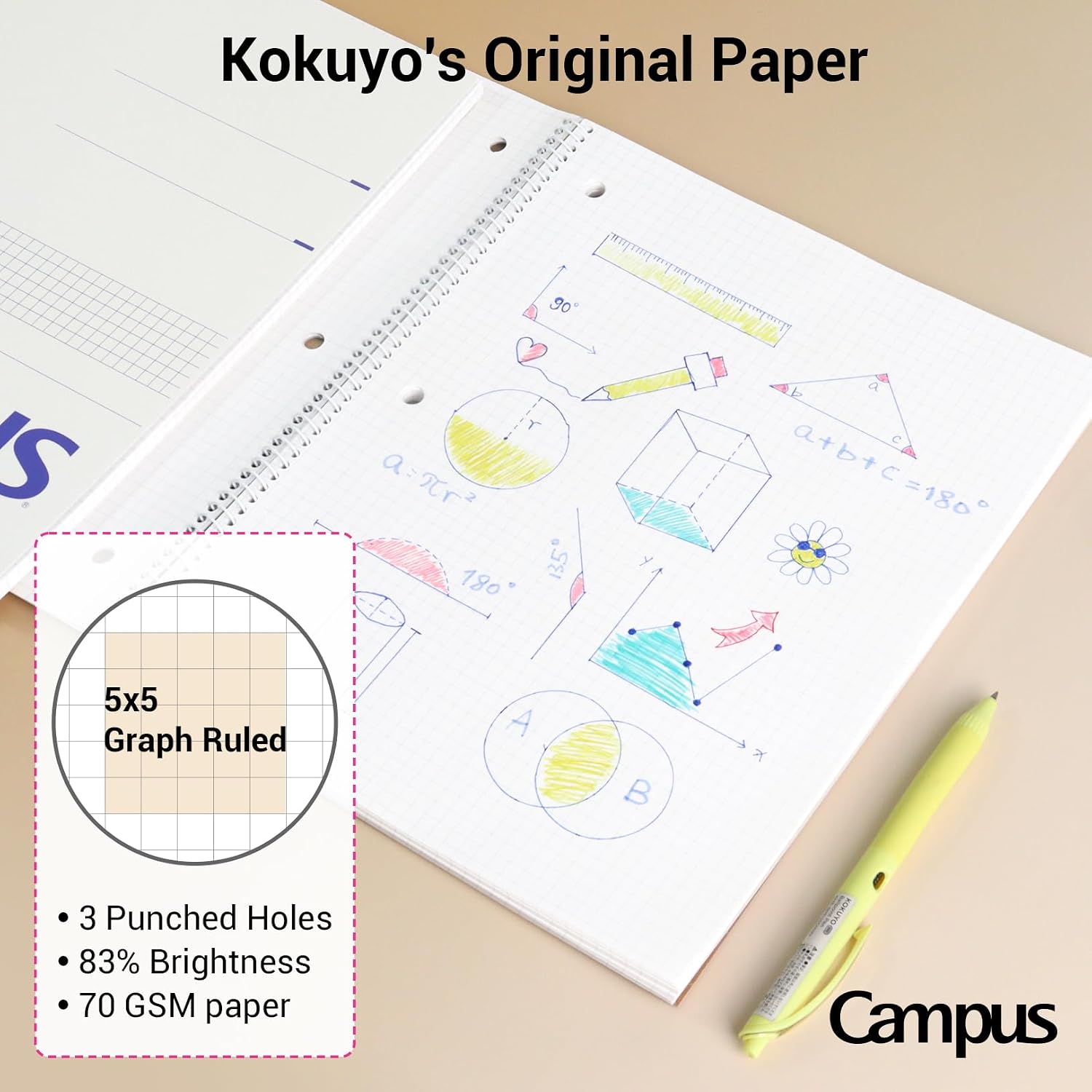 CUADERNO ESPIRAL KOKUYO CAMPUS CON PAPEL CUADRICULADO 5X5, PACK 3 UNIDADES, 80 HOJAS, ROSA CLARO AZUL CLARO BLANCO - 3