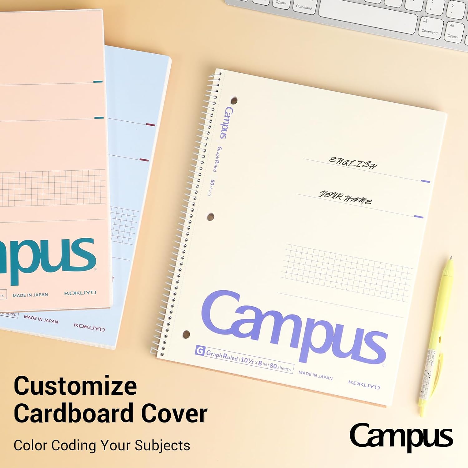 CUADERNO ESPIRAL KOKUYO CAMPUS CON PAPEL CUADRICULADO 5X5, PACK 3 UNIDADES, 80 HOJAS, ROSA CLARO AZUL CLARO BLANCO - 5