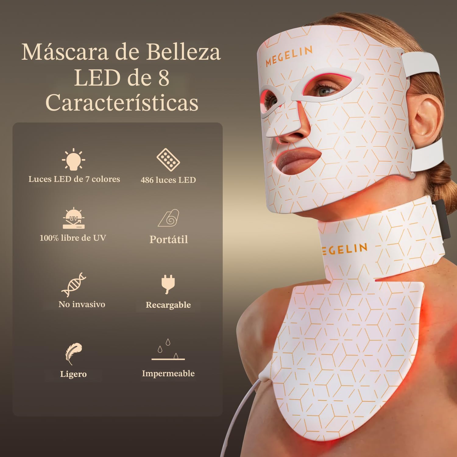 MASCARILLA FACIAL LED MEGELIN 7 COLORES CON TERAPIA DE LUZ ROJA PARA ROSTRO Y CUELLO - 2