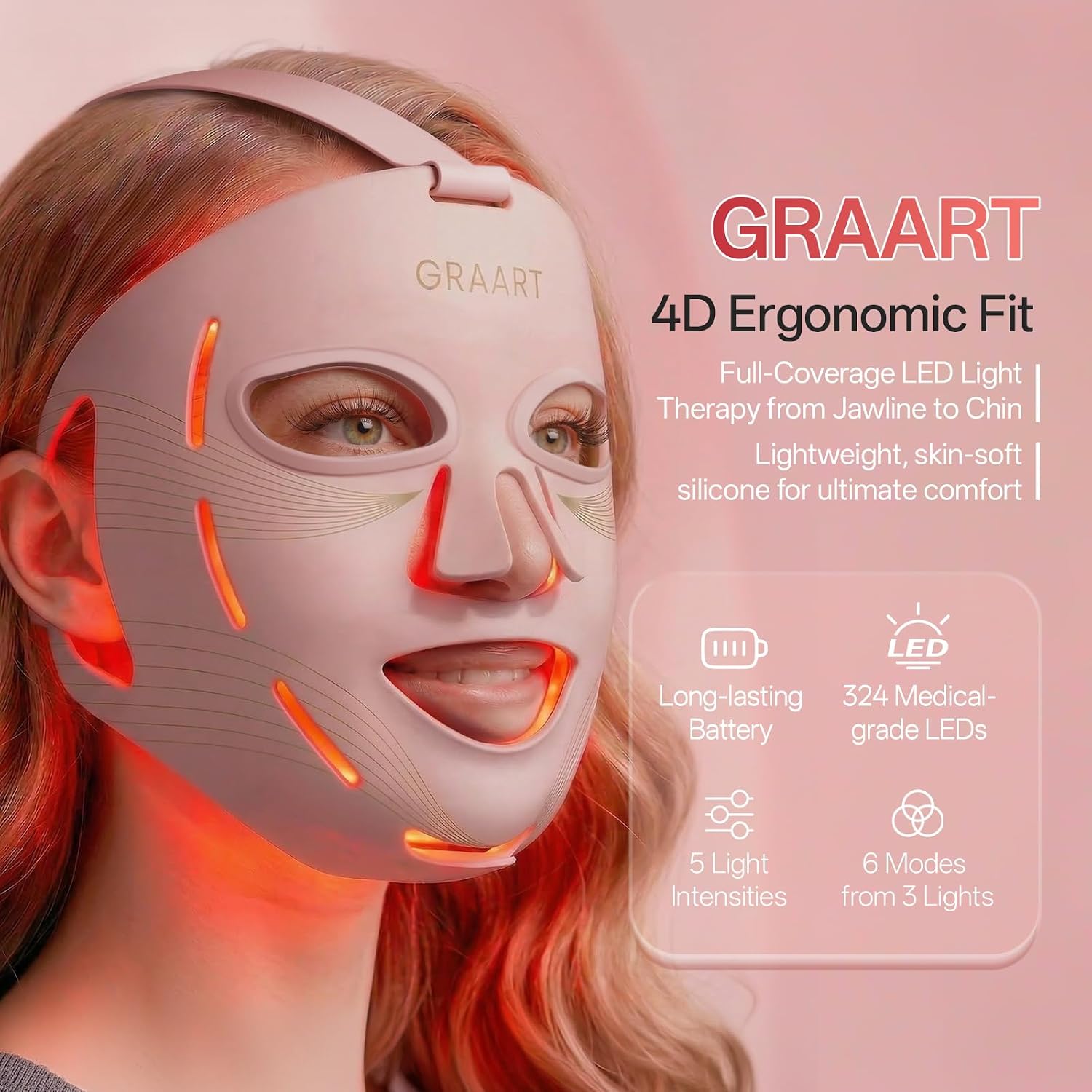 MASCARILLA FACIAL DE FOTOTERAPIA ROJA GRAART 324 LED CON LUZ INFRARROJA - 2