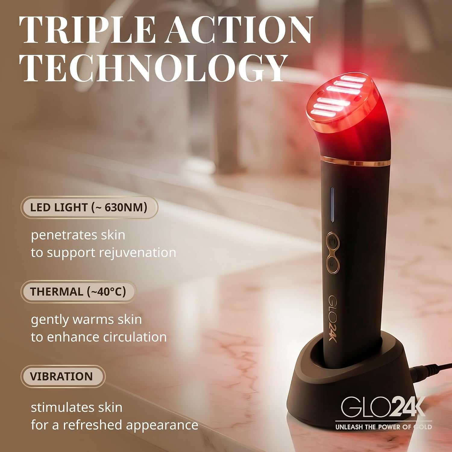 MASAJEADOR FACIAL GLO24K 3 EN 1 CON LUZ ROJA PARA ROSTRO Y CUELLO - 3