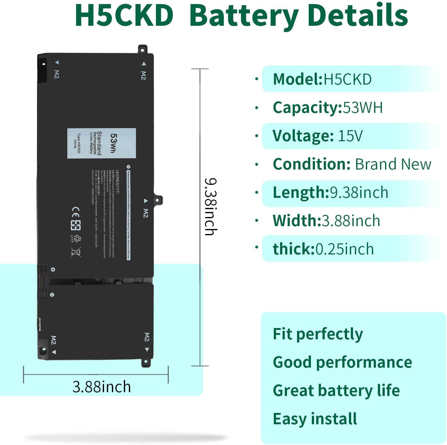 BATERÍA DE REEMPLAZO H5CKD 53WH 15V PARA DELL INSPIRON 5400 5406 7405 7306 - 2