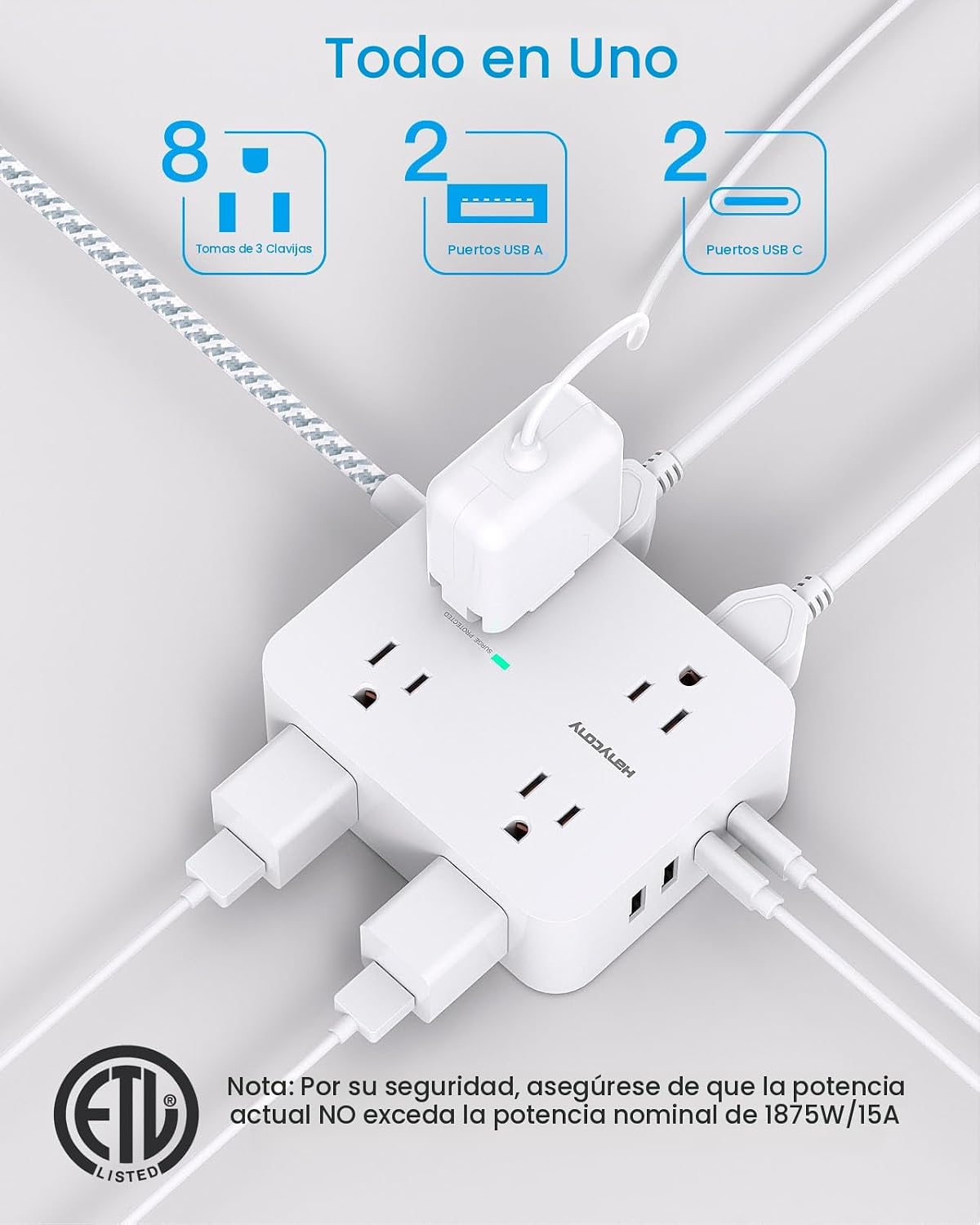 REGLETA DE EXTENSIÓN HANYCONY 25 PIES CON PROTECCIÓN DE SOBRETENSIÓN Y PUERTOS USB - 2